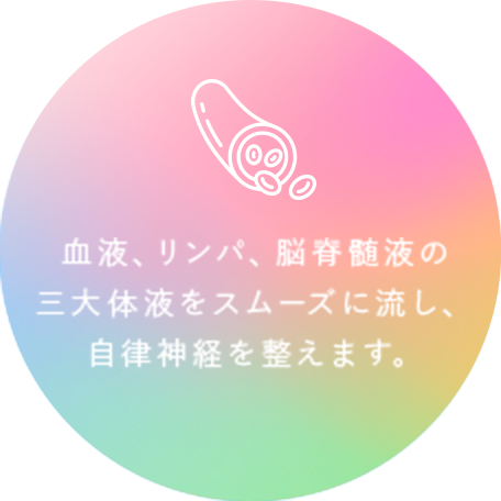 ⾎液、リンパ、脳脊髄液の三大体液をスムーズに流し、⾃律神経を整えます。